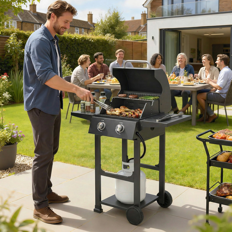 Barbecue au propane à 2 brûleurs avec roues, barbecue de 18 400 BTU