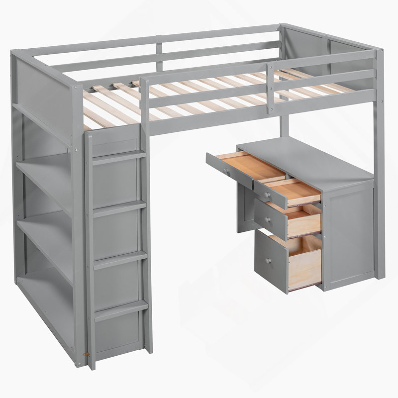 Lit mezzanine avec tablettes et bureau, Gris, Simple