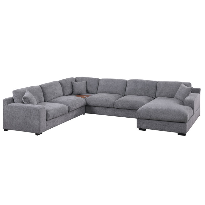 Celine 128"W Light Gray Chenille Fabric Corner Sectional Sofa with Right-Facing Chaise, Cupholders, and Charging Ports