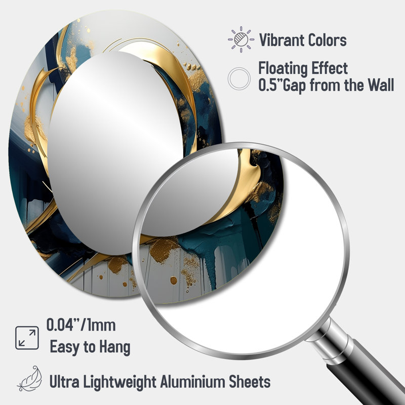 Golden Grey Abstract Fractal Whirls Of Serenity II - Large Oval Wall Mirror On Metal, 40" x 30"