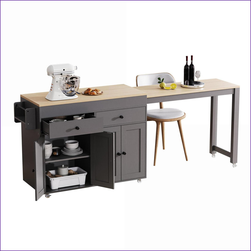 Îlot de cuisine avec table de salle à manger extensible, chariot de rangement roulant de 74,5 pouces avec armoire à 4 portes, 2 tiroirs et amp; Support à épices, blanc cassé | Moderne | Panneau de particules et panneau de fibres à densité moyenne