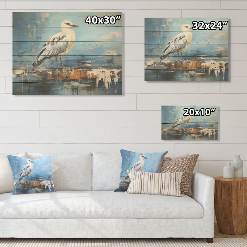 Tranquillité de mouette blanche et bleue - Art sur bois de pin naturel, H 10 po x l 20 po