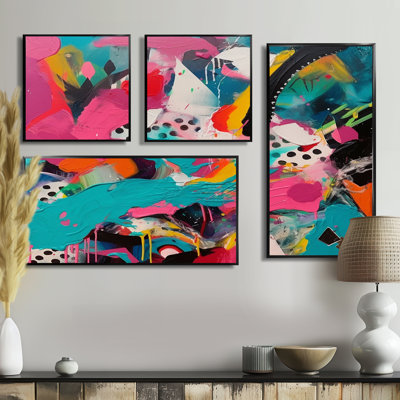 Pink And Turquoise Abstract Enigma II - Abstract Large Canvas Wall Art 4 Pieces