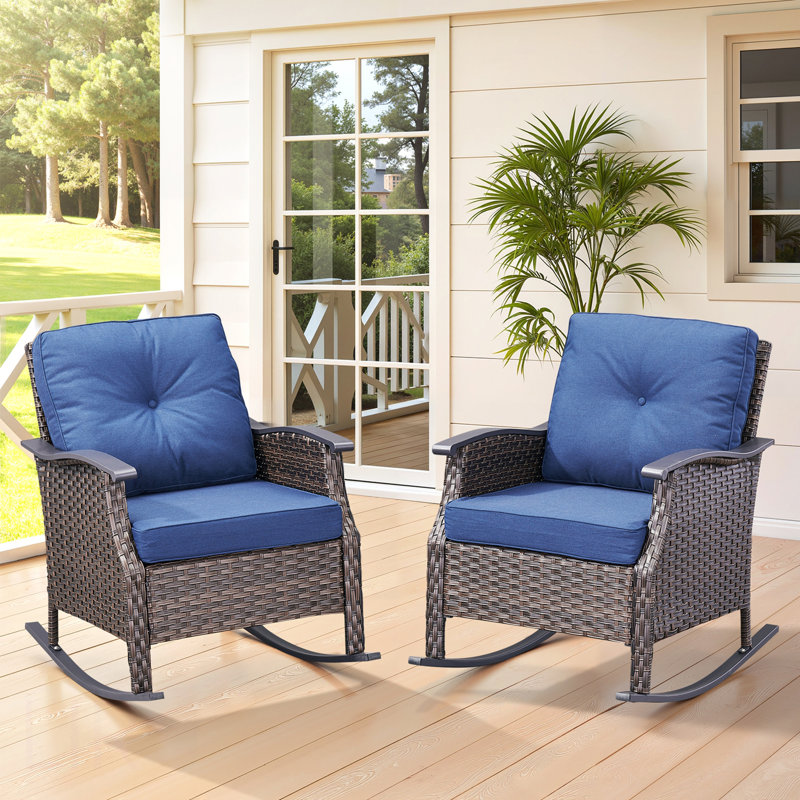 Outdoor Gliding Wicker Chairs Set Of 2, PE Rattan Patio Glider Chairs With Blue Cushions For Porch Or Backyard, Chair, Blue