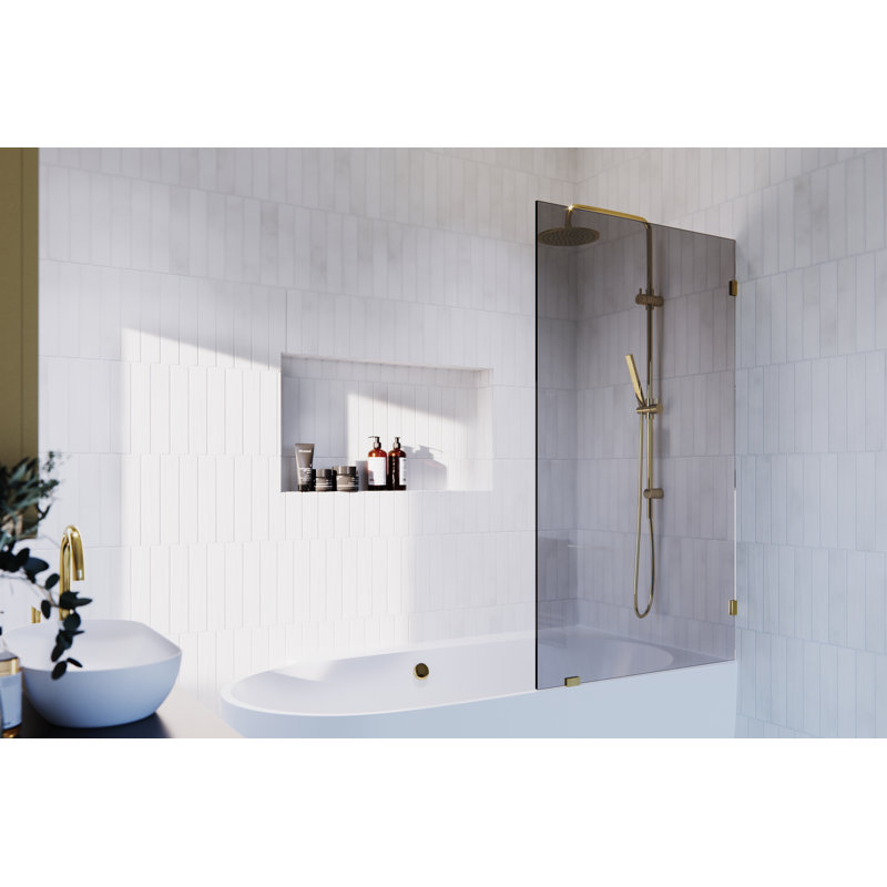 Ursa 34 in. x 58.25 in. Frameless Gray Tinted Single Fixed Bath Panel, Polished Brass