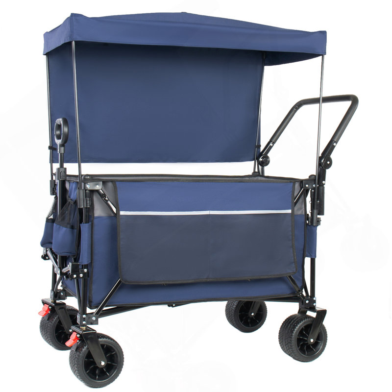 Chariot pliable multifonctionnel avec chariot pivotant et poussoir avec poignée rotative et auvent, roues et freins tout-terrain de 7 po x 4 po, capacité de charge de 480 lb, grande capacité de transport de 300 L, épicerie, utilisation à l'extérieur, bleu
