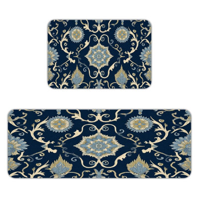 Tapis de cuisine bleu marine à motif floral oriental, ensemble de 2