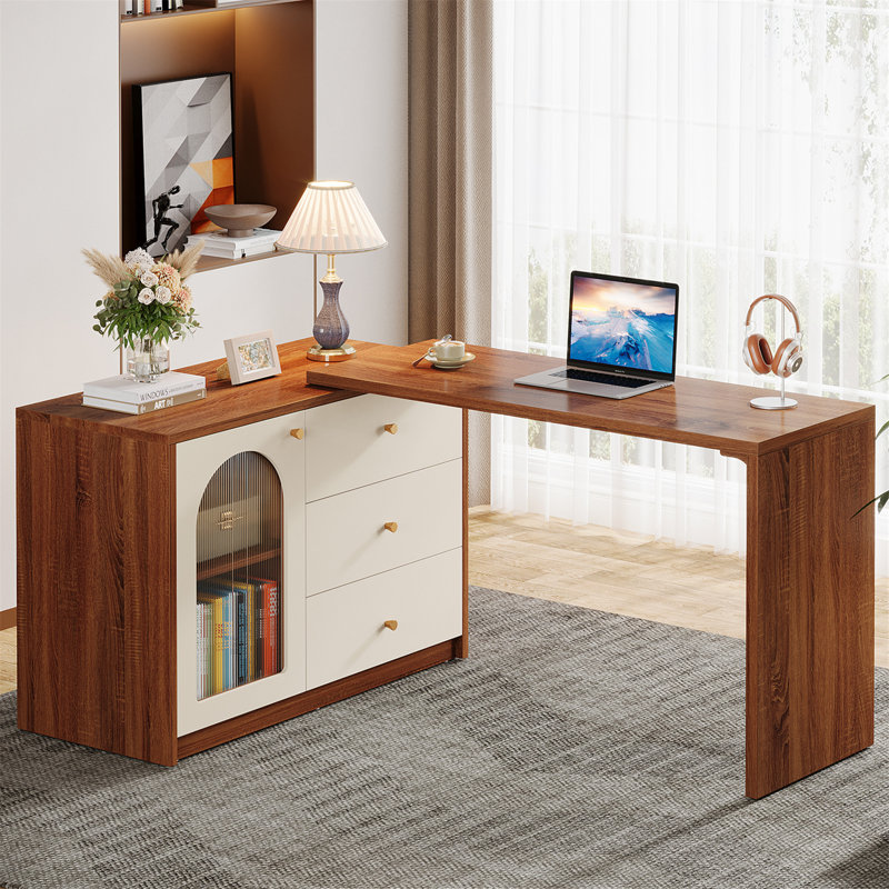 L Shaped Computer Desk With Drawer Cabinet, Brown