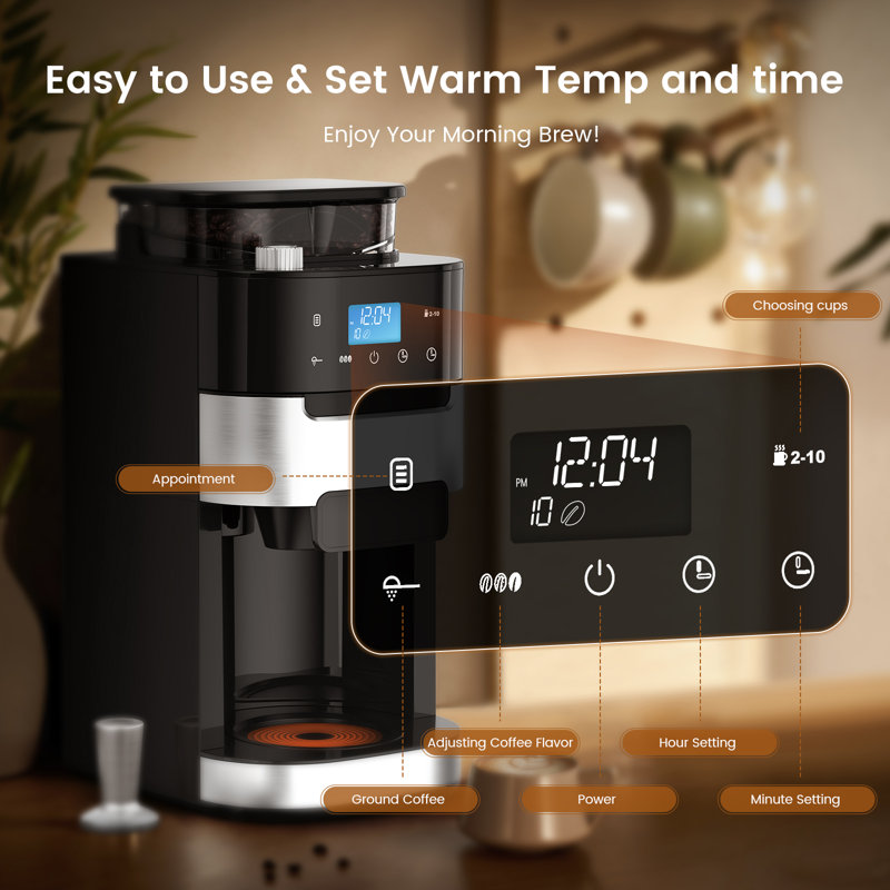Cowsar 10-cup Drip Espresso Machine With Built-in Grinder, 24-hour Programmable, Adjustable Grind & Brew