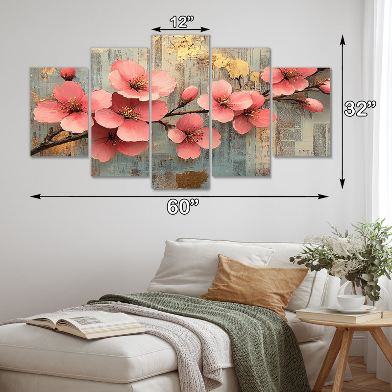 Fleurs de cerisier en rose et or II - ensemble de reproductions d'art mural cerisier en fleurs