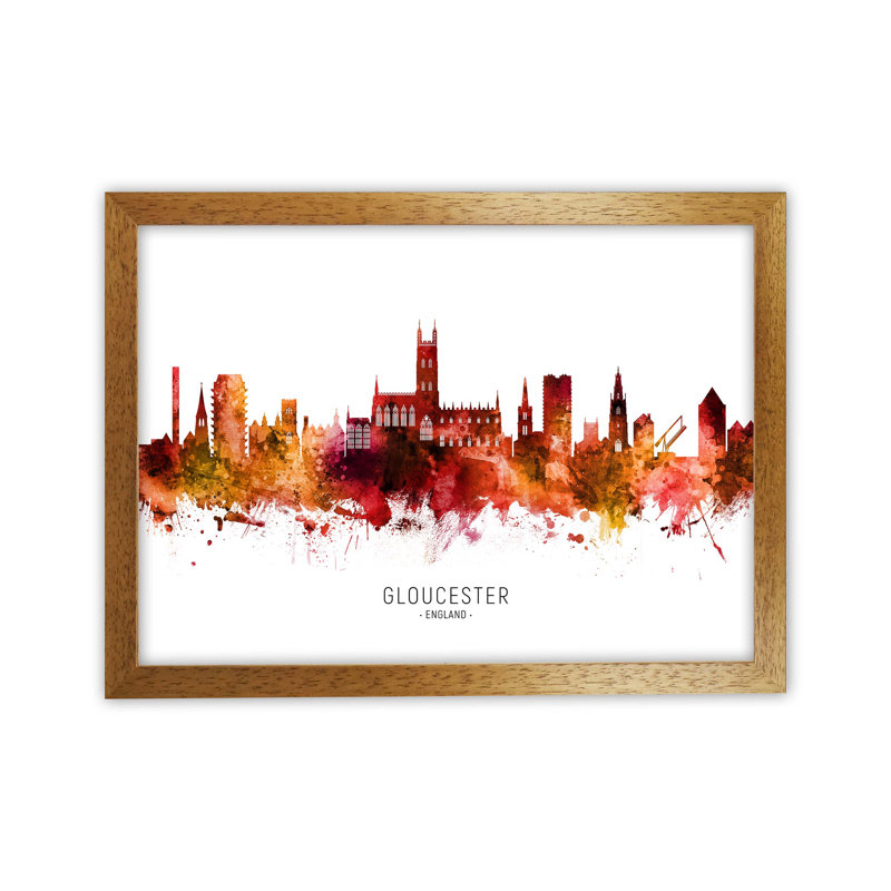 Gloucester England Skyline Red City Name by Michael Tompsett - Print, 25cm H x 34cm W x 3cm D, Oak Framed