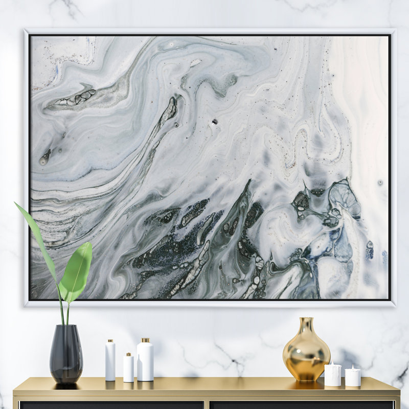 Marbre gris et blanc avec puissance dorée - reproduction d'art sur toile, H 12 po x l 20 po x p 1 po, Cadre flottant blanc