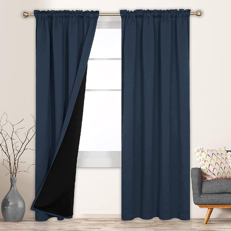 Deconovo 100 Percent Blackout with Liner Rod Pocket Curtain Panel Pair, 52" W x 84" L, Navy Blue