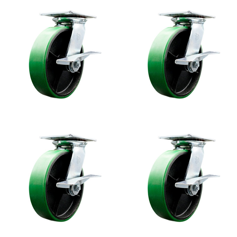 8 Inch Poly on Cast Iron Caster Set with Roller Bearing and Brake SCC, Vert