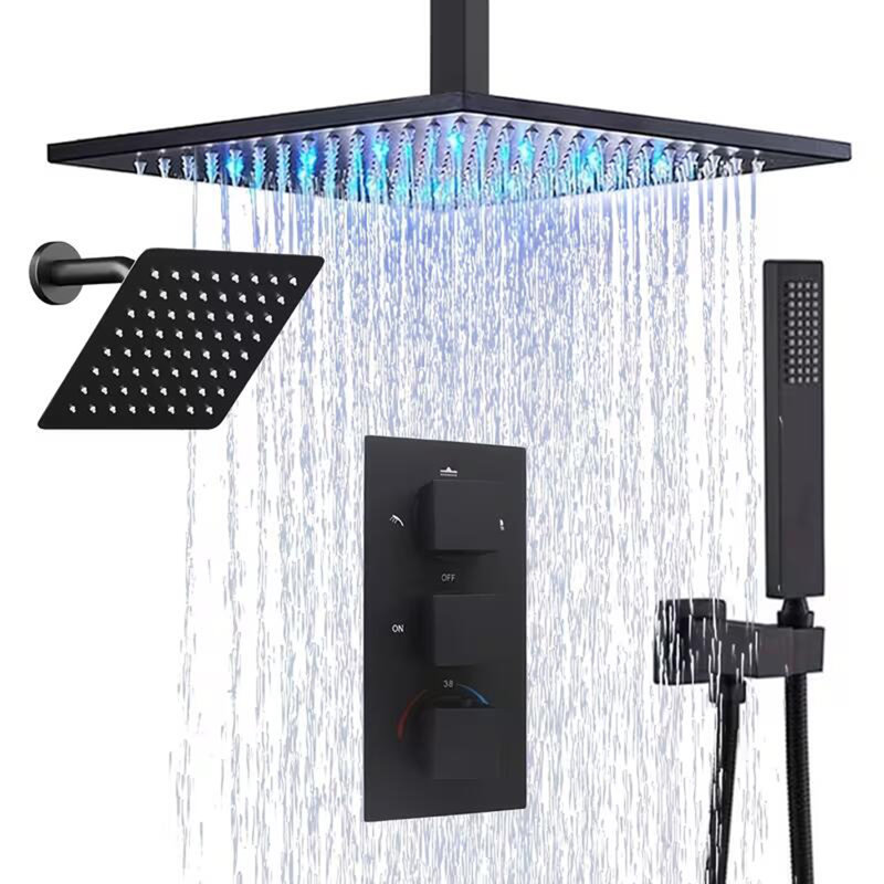 Thermostatic Shower System 12" LED Shower Faucet Set 6" Shower Head Combo Black