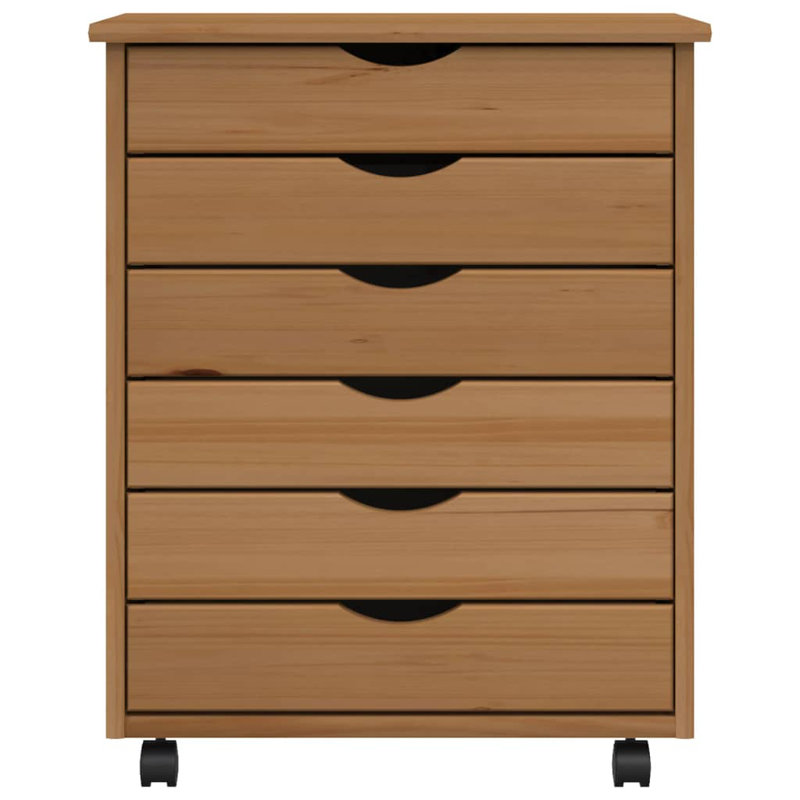 Commode à 6 tiroirs avec roulettes Ladehe Moss, pin massif, Brun miel