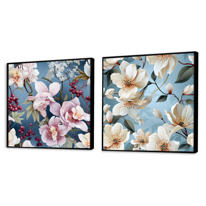 Florian - Ensemble de 2 collages floraux carrés, Cadre flottant noir, H 16 po x l 33 po