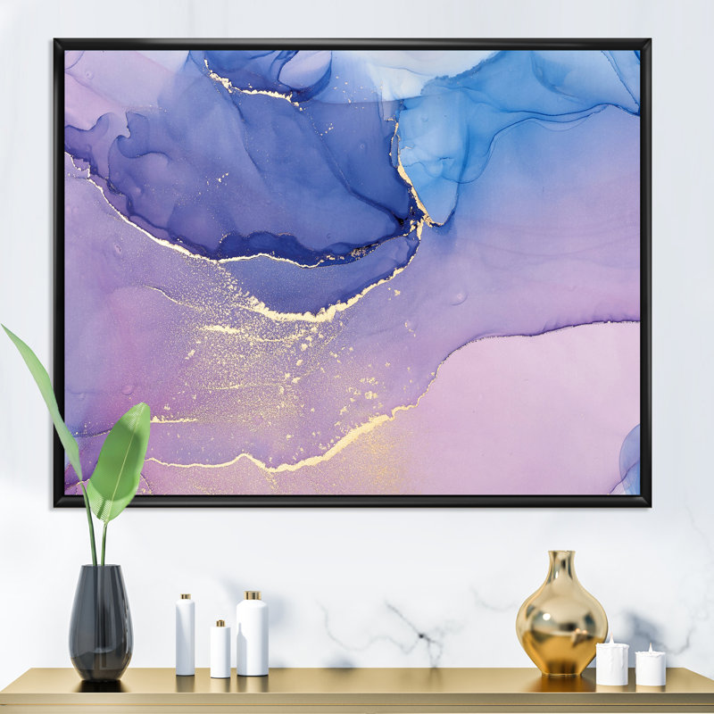 «Pink and Blue Ink Clouds III», peinture sur toile, H 16 po x l 32 po, Cadre flottant noir
