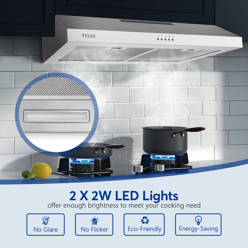 30" 600 CFM Convertible Under Cabinet Range Hood Push Button Control 3 Speed with LED Lights Charcoal Filter Stainless Steel Silver
