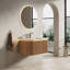 Meuble-lavabo flottant 30 po en pierre frittée intégrée en travertin, lumière DEL à capteur, armoire en bois naturel rayé 3D, tiroir à fermeture en douceur-970132869