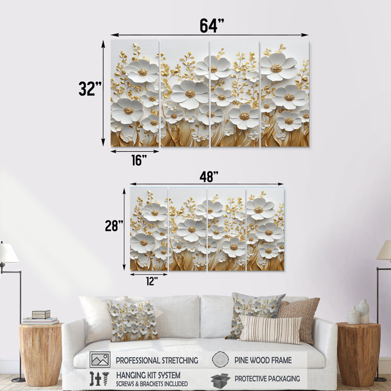 Beaumys - Art mural fleurs sauvages - décoration murale traditionnelle 4 pièces, H 32 po x l 64 po