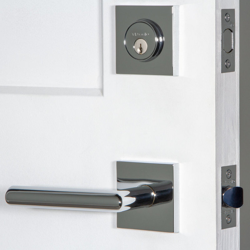 Quadrato Complete Moderno Entry Lever Set with Single Cylinder Deadbolt, Bright Chrome, Left