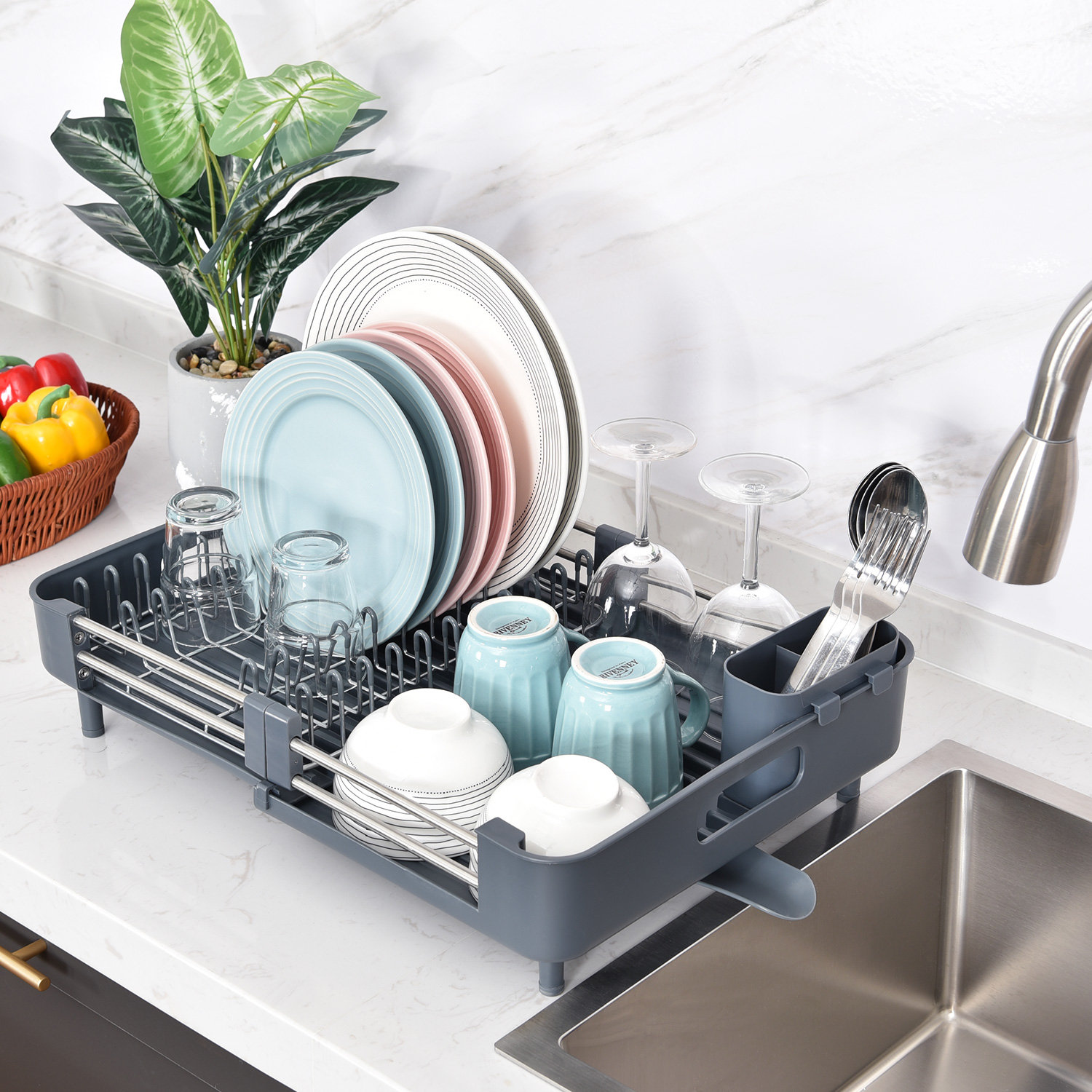 KINGRACK Adjustable Stainless Steel Dish Rack, Extendable Dish Drying