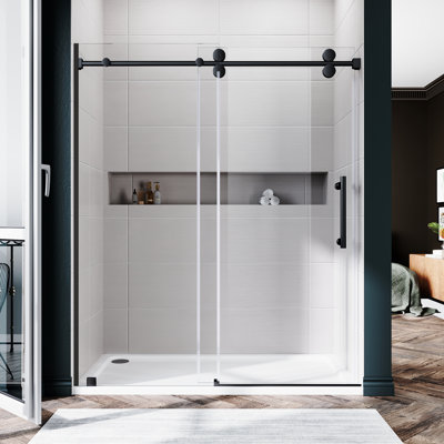 UKS04 56 to 60 in. x 84 in. H Frameless Single Sliding Shower Door with U-Chanel and 3/8 in. (10mm) Clear Glass in Matte Black