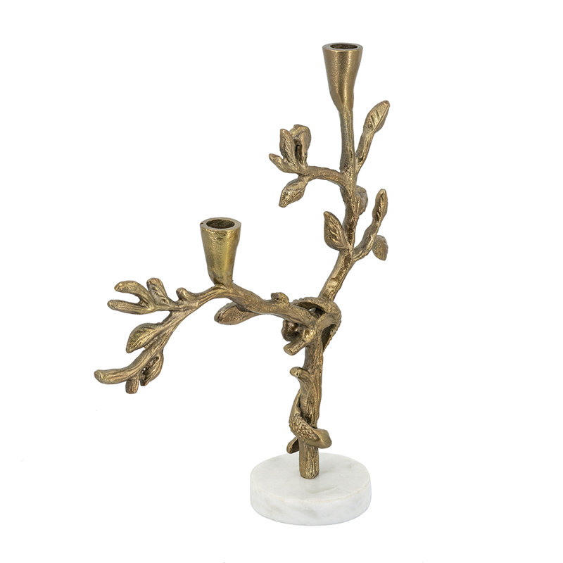 Support doré multi-conique avec branches complexes et support en marbre blanc, H 15 po x l 12,5 po x P 4 po