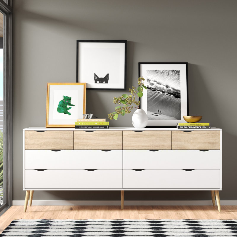 Justus 8 Drawer 77.05" W Double Dresser, Oak/White