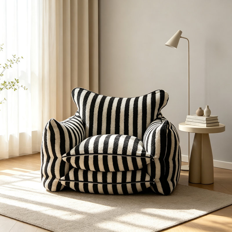 Chaises d'appoint simples en sherpa à rayures, H 27,56 po x l 43,3 po x P 35,4 po, Noir / blanc Sherpa