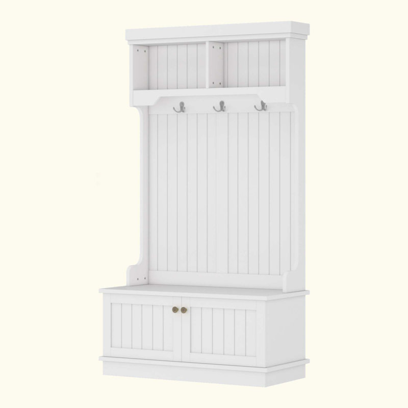 Hall Tree With Storage Shoe Bench For Entryway And Hallway, 4-In-1 Design Coat Racks With Hooks For Living Room, White