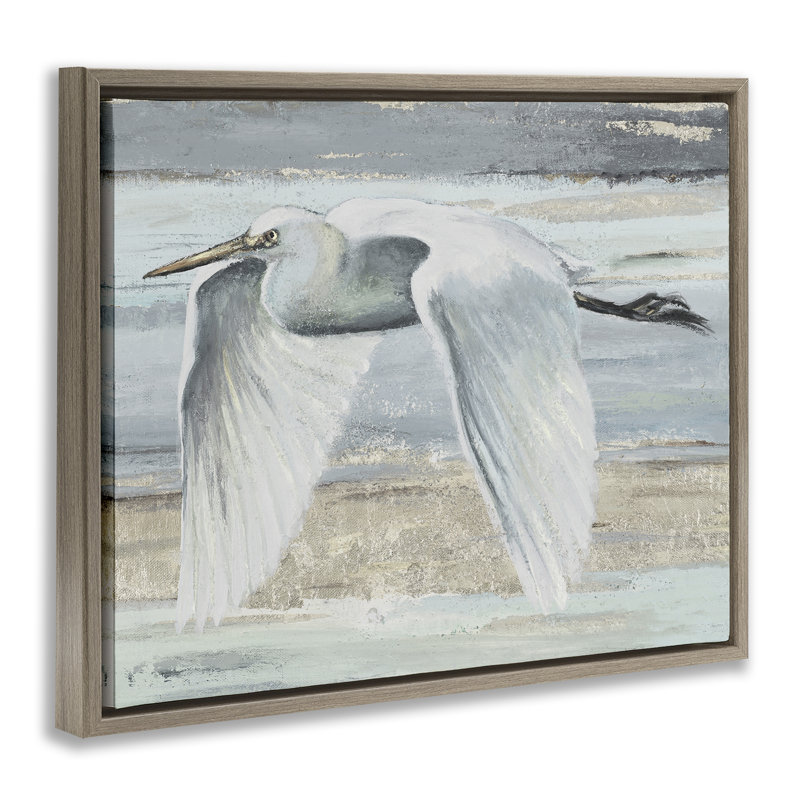 Egret Soaring over Beach Grey Framed Floater Canvas Wall Art, design by PATRICIA PINTO, 25" H x 31" W