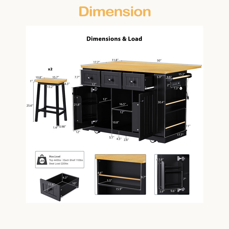Large Kitchen Island With 2 Bar Stools, Power Outlet,Door Internal Storage Rack, Kitchen Storage Cart On 5 Wheels With Drop Leaf
