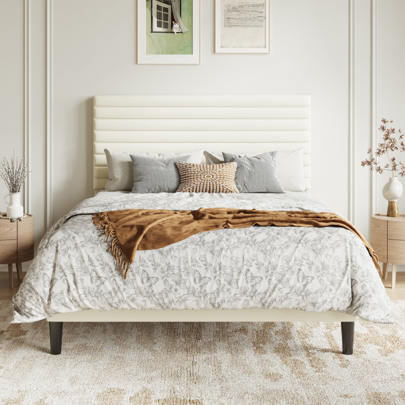 Modern Velvet Upholstered Bed Frame With Adjustable Headboard, Full Size, Queen Size, King Size, No Box Spring Needed, Cream