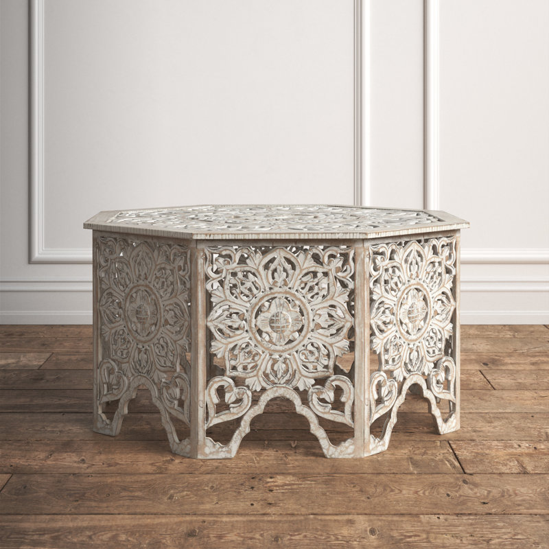 Kenedy Carved Floral Solid Wood Coffee Table, Gray