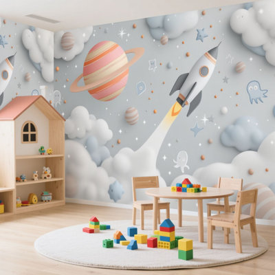 Wall Mural Peel and Stick Wallpaper Grey Cartoon Planet Nursery Rocket Ship Planet Rings Floating Stars Self-Adhesive Removable Contact Paper Wall Decor for Living Room Bedroom 100"H x 144"W