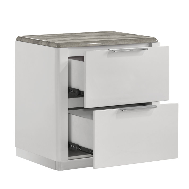 Monaco Grand Dual-Drawer Nightstand with High-Gloss White Finish and Gray Marble Accent Top