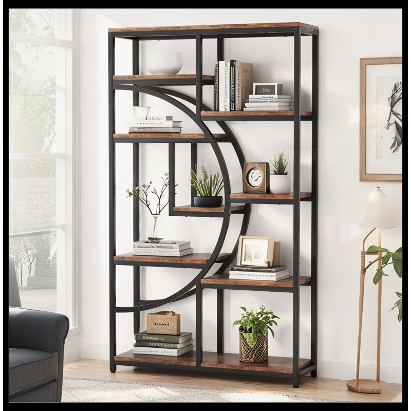 Freestanding Bookshelf, 68.9" Etagere Bookcase With 9 Open Shelves, Rustic Brown/Black