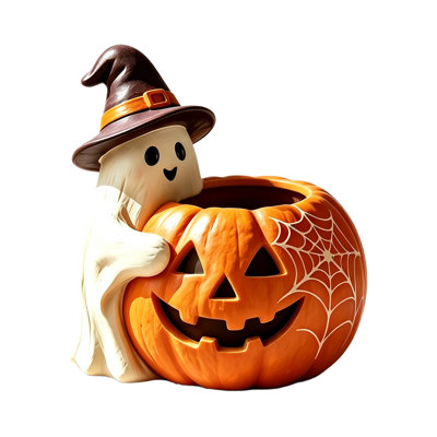 Halloween Decorations Halloween Resin Ghost Witch Hat Hugging Pumpkin Candy Bowl Araneid Web Tabletop Spooky Holiday Storage Decor Ornament