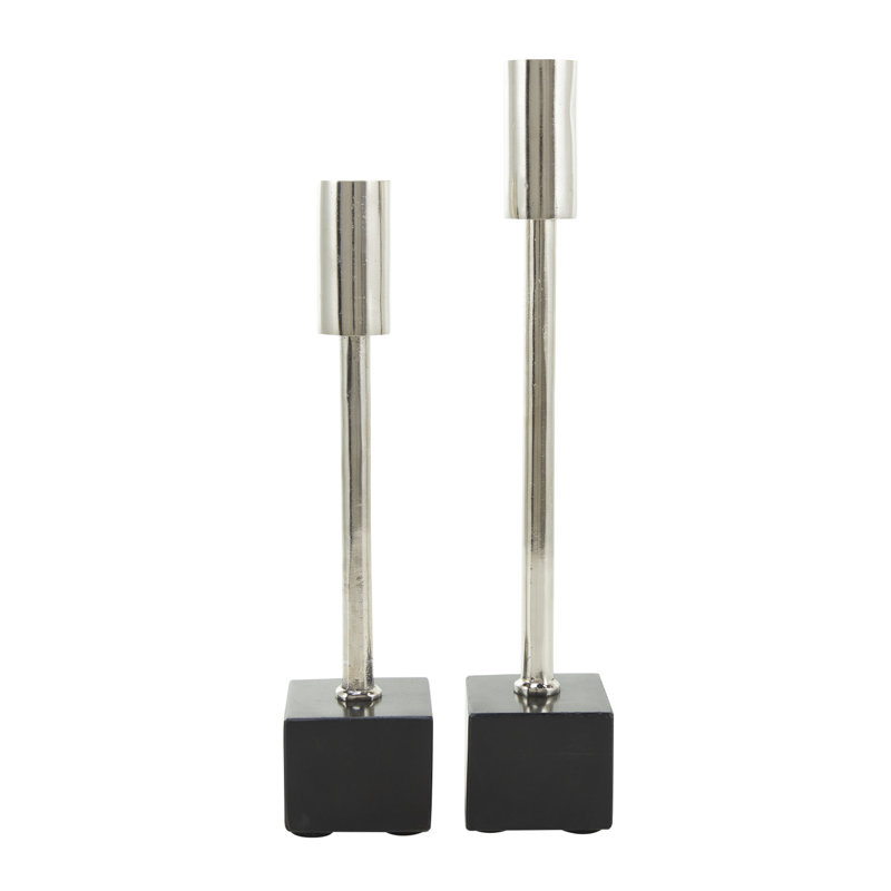 Ensemble de porte-bougie noir avec bases en aluminium Lyanie, Argent