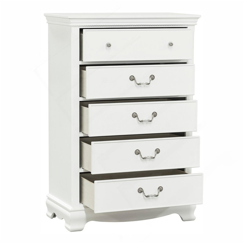 Mobilier de chambre à coucher classique en bois classique à finition blanche 1 pièce avec 5 tiroirs en queue d'aronde
