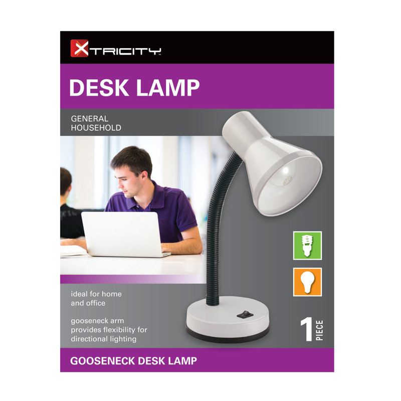 Lampe de bureau 14 po cygne accoudoirs, Base blanche / Abat-jour blanc