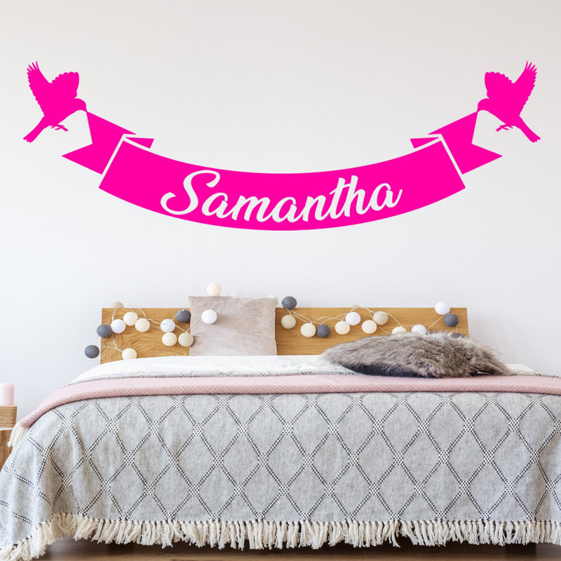 Décalcomanie murale nom et oiseaux personnalisés, H 10 po x l 30 po, Rose vif, Oui