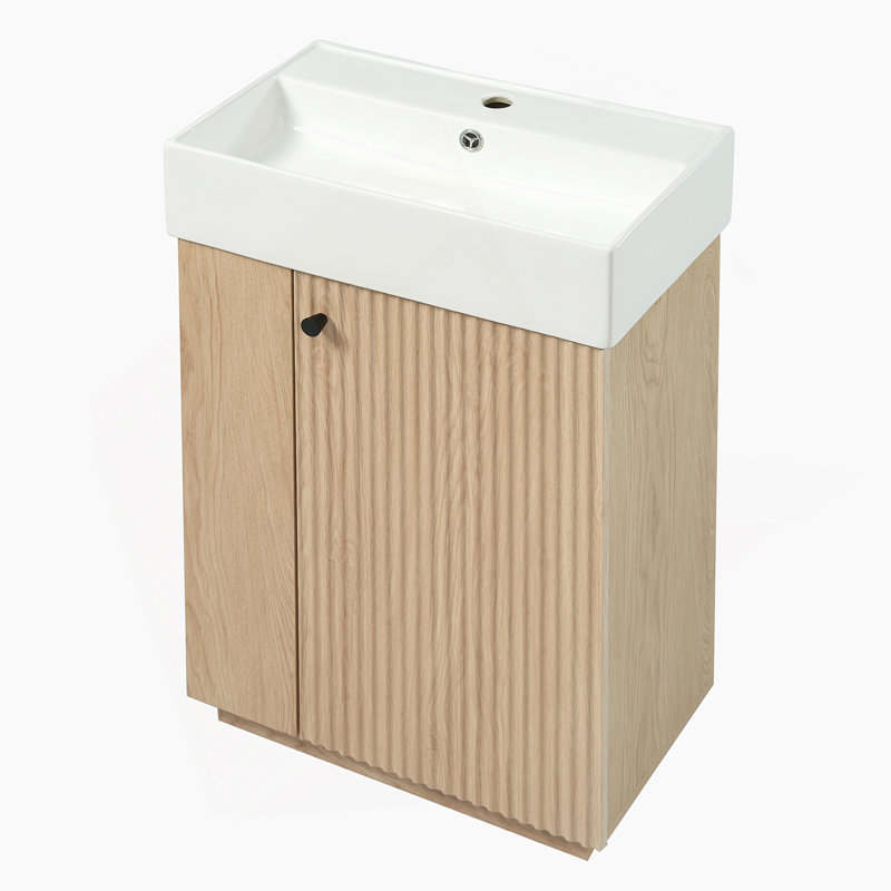 Meuble-lavabo de 21,6 po avec lavabo en céramique, armoire moderne autoportante à grain droit avec rangement ouvert et fermé pour les petites salles de bain