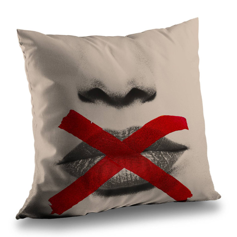 Grayscale Lips with Red X | Modern Figurative Throw Pillow – Poly Twill Throw Pillow with Insert, Double-Sided Print