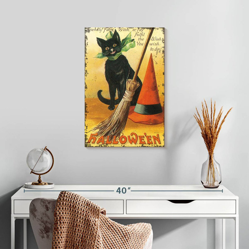 Chat nostalgique avec balai Lelend Halloween, H 24 po x l 16 po