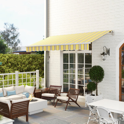 Auvent rétractable 12 pi x 10 pi pour terrasse. Manivelle manuelle. 280 g / m et eau - tissu. Cadre en aluminium. Balcon, cour. Patio jaune et gris 10 pi Sun Shelter avec tissu, aluminium. Pont de terrasse