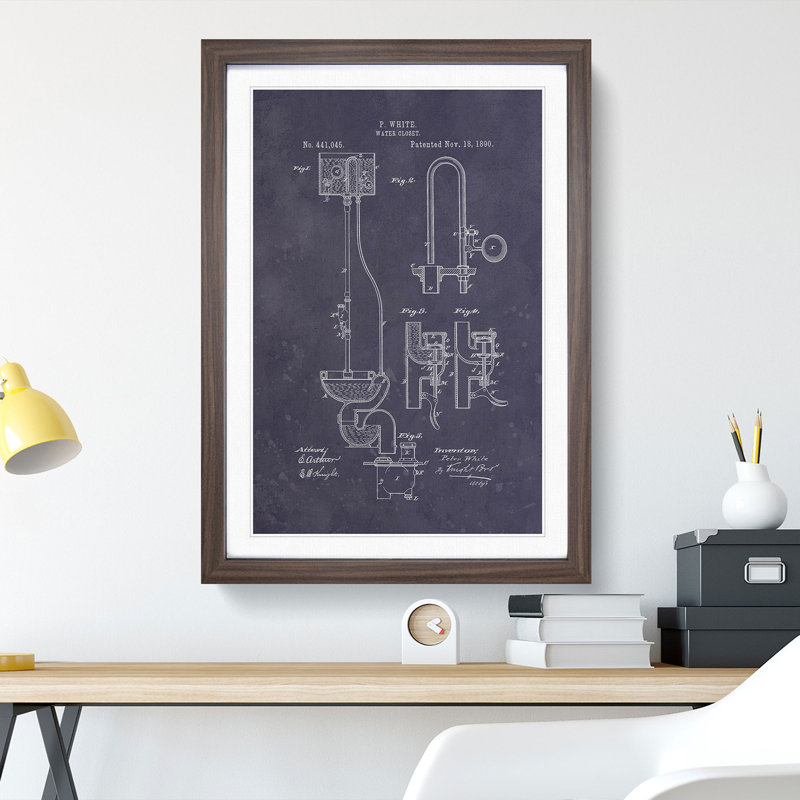 Toilet Water Closet Patent Dark - Picture Frame Graphic Art, 36cm H x 27cm W x 2cm D, Walnut
