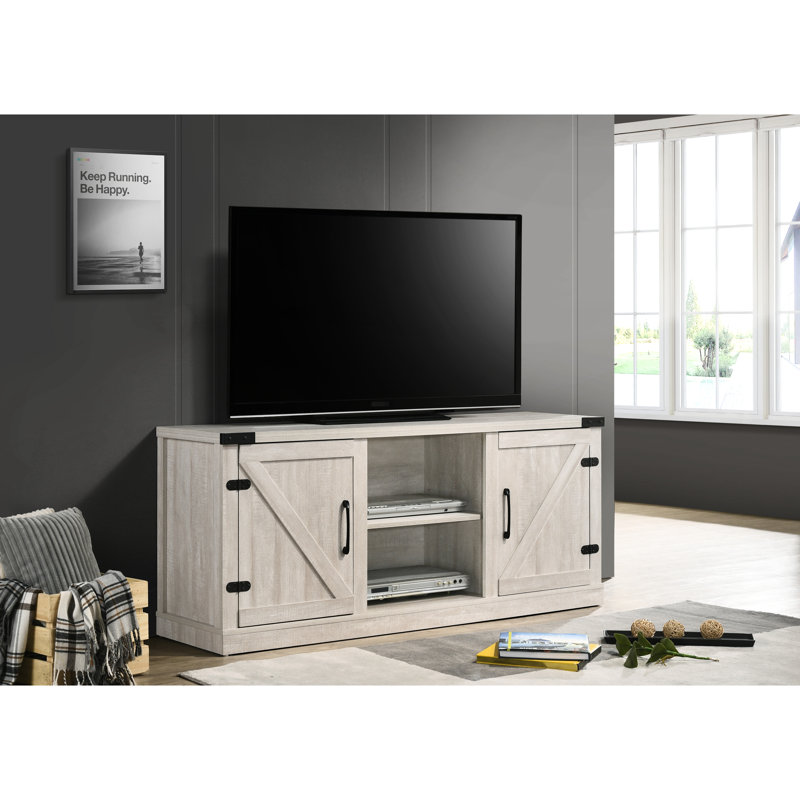 Dusty Gray 58" Tv Stand With 2 Open Shelves & Cabinets, Suits 63-Inch Tvs, Black Traits, Cable Management Section, Tipping Sustaining Step, Particle Board Wide Cabinet In Gray, And Cabinets For 63"